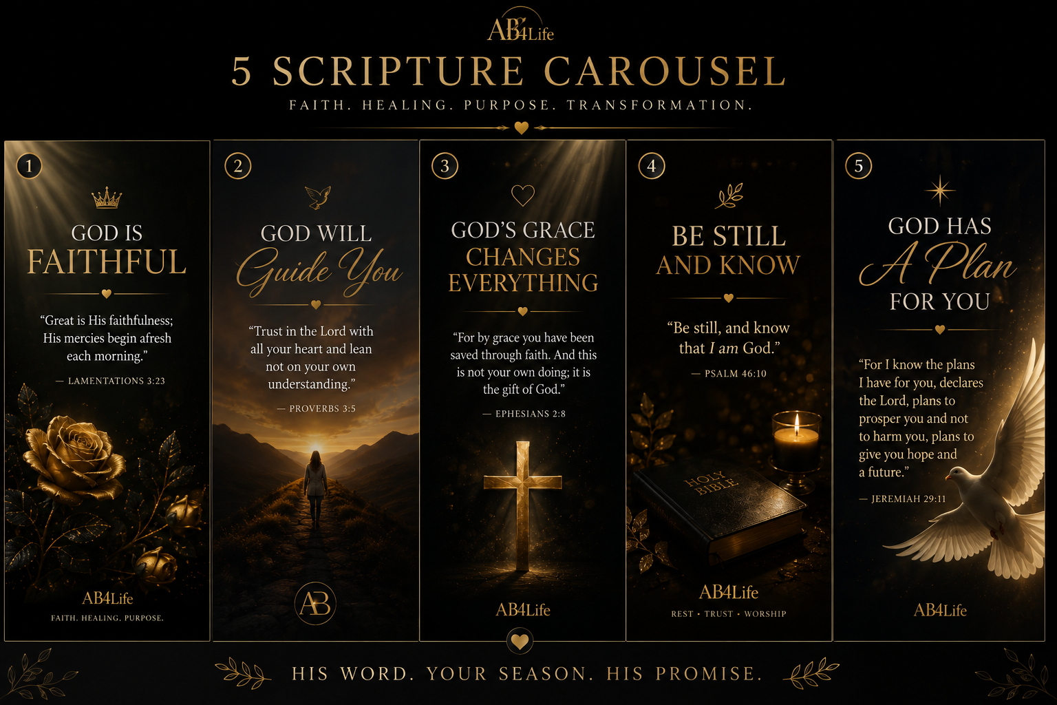 Five-panel scripture carousel on black and gold with verses from Lamentations, Proverbs, Ephesians, Psalms and Jeremiah