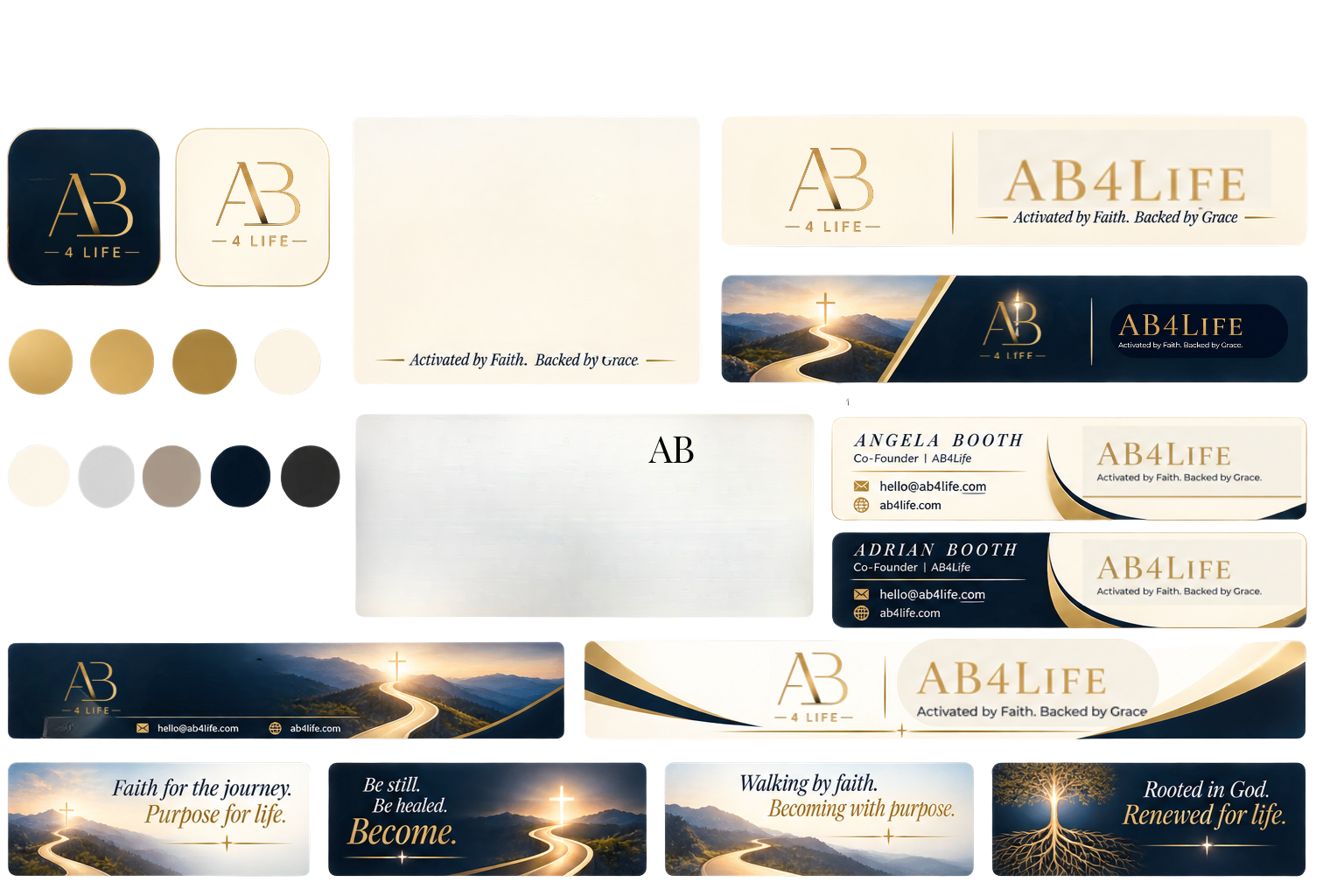 AB4Life brand kit with AB monogram app icons, logo lockups, gold and navy palette, business cards, email signatures and faith banners