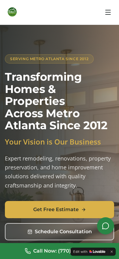 Eillen Remodeling website shown on a mobile screen