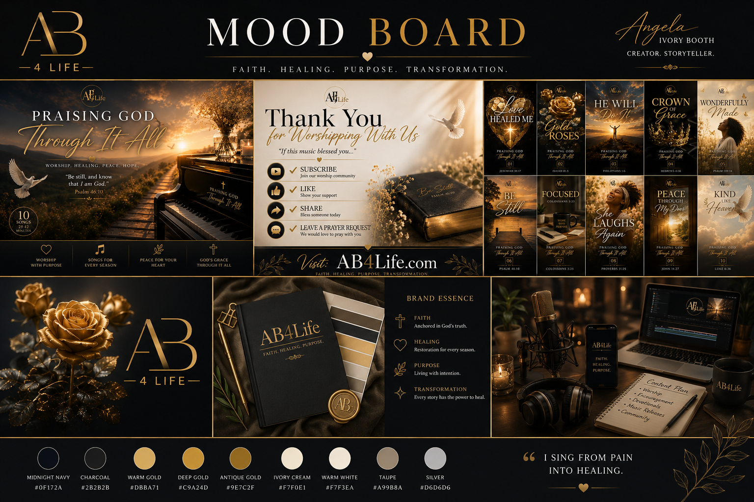 AB4Life mood board with album key art, song cover chart, brand essence and color palette