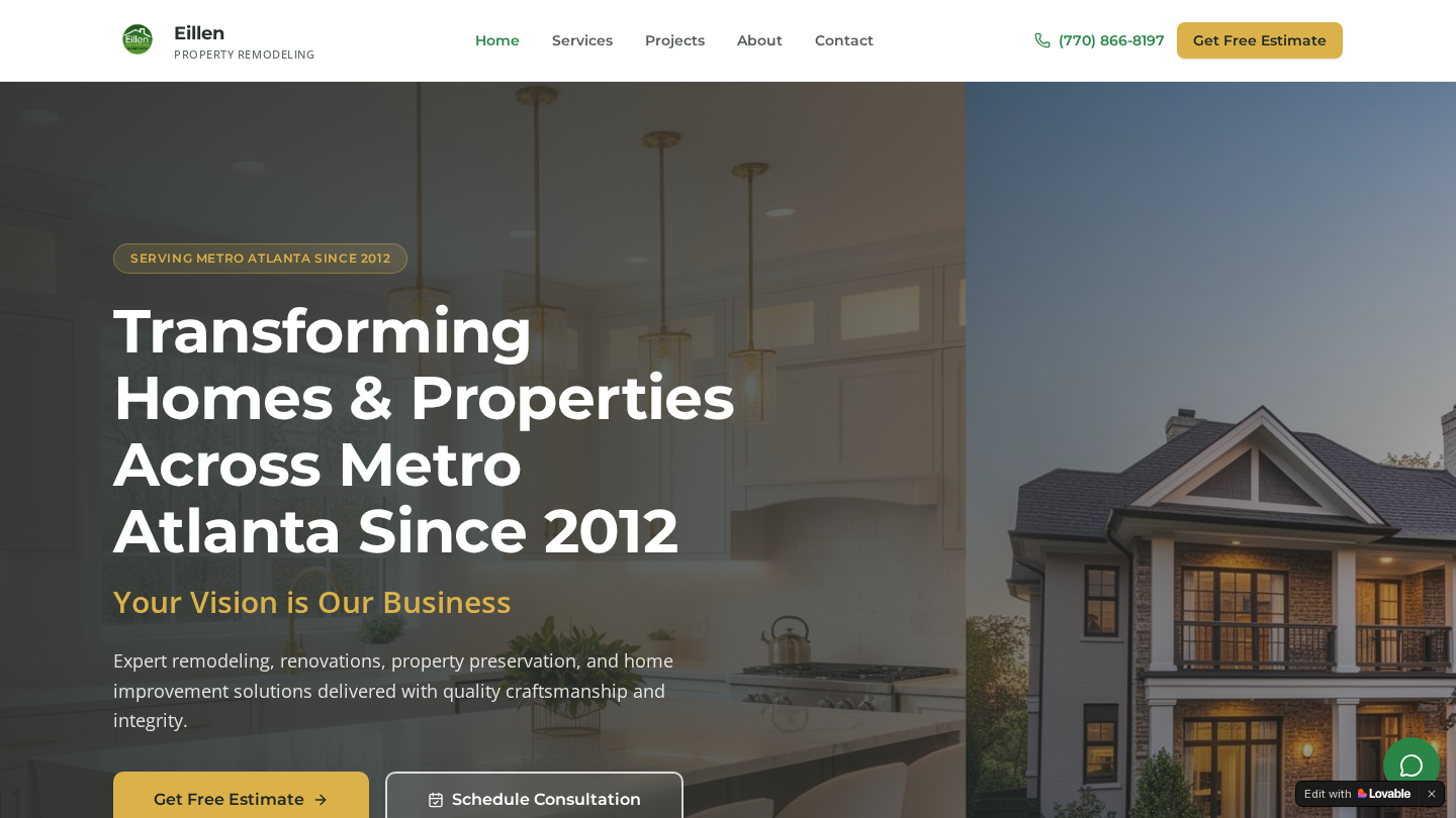 Eillen Remodeling website homepage screenshot