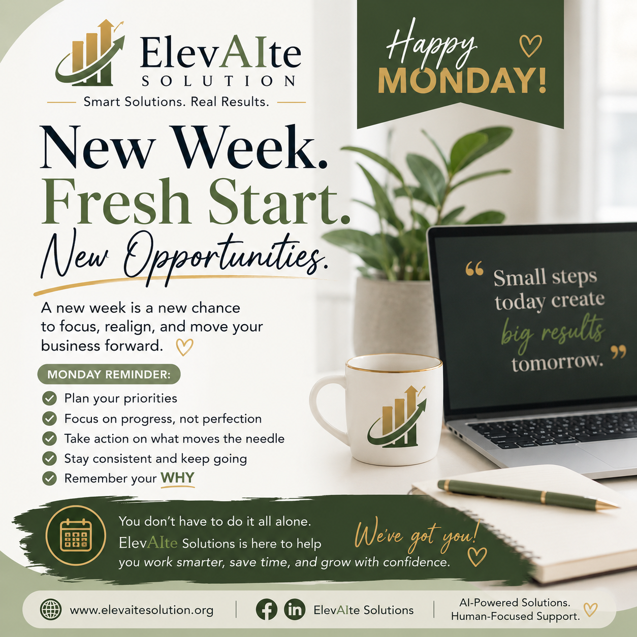 ElevAIte Solutions Happy Monday post: New Week. Fresh Start. New Opportunities.