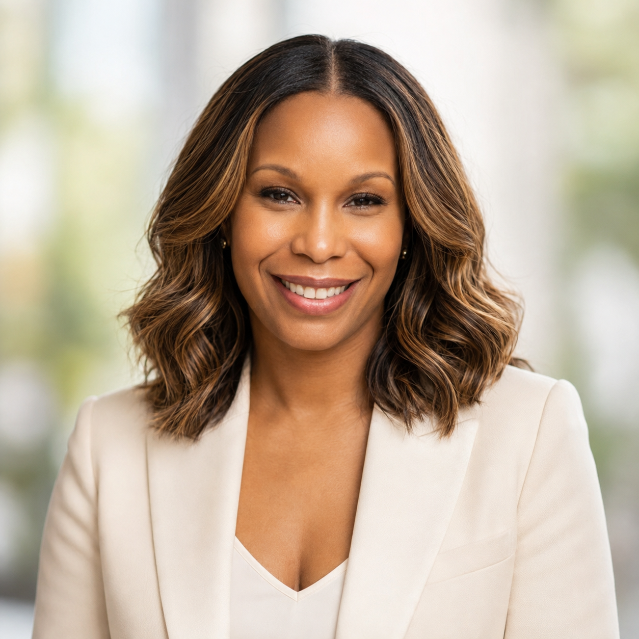 Portrait of Angela Ivory Booth smiling in an ivory blazer