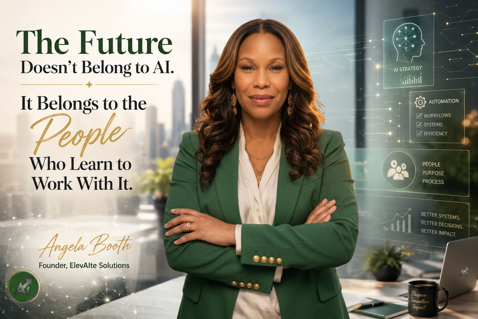The future doesn't belong to AI — thought leadership graphic featuring Angela Booth