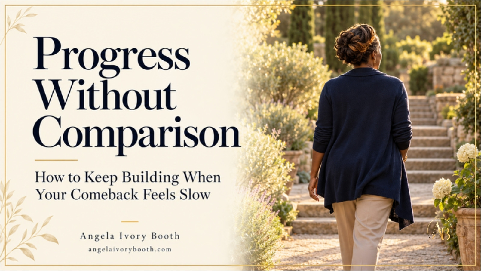 Angela Ivory Booth walking up sunlit garden steps beside the title "Progress Without Comparison: How to Keep Building When Your Comeback Feels Slow."