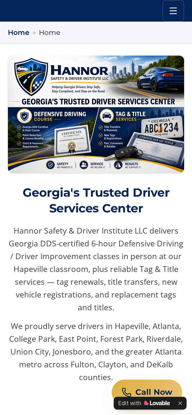Hannor Safety & Driver Institute website shown on a mobile screen