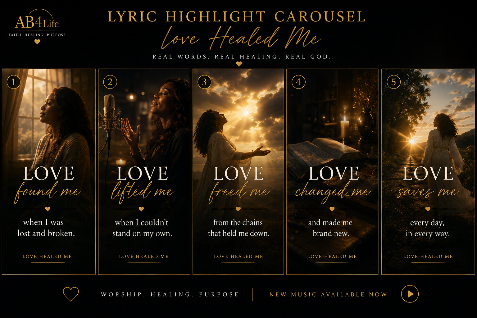 Five-panel lyric carousel for Love Healed Me with golden portraits and lyric lines