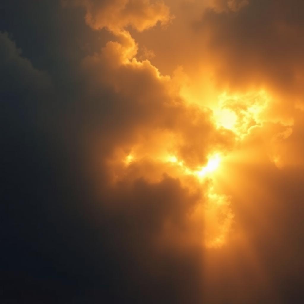 Golden light breaking through dark clouds