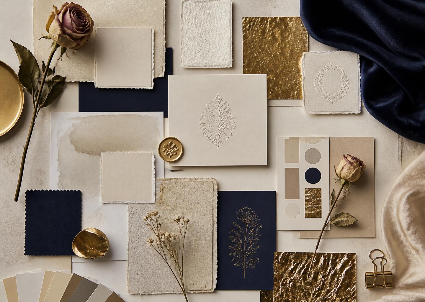 Flat lay mood board of paper, gold foil and roses