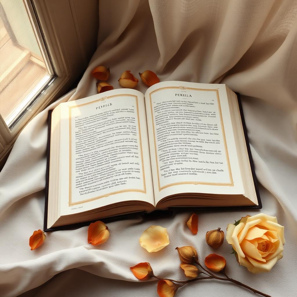 Open gilded book with rose petals on ivory linen