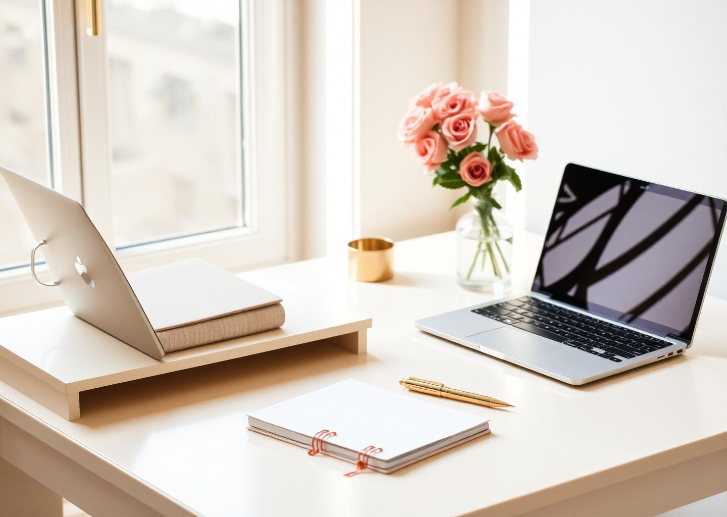Ivory creative workspace with laptop and roses